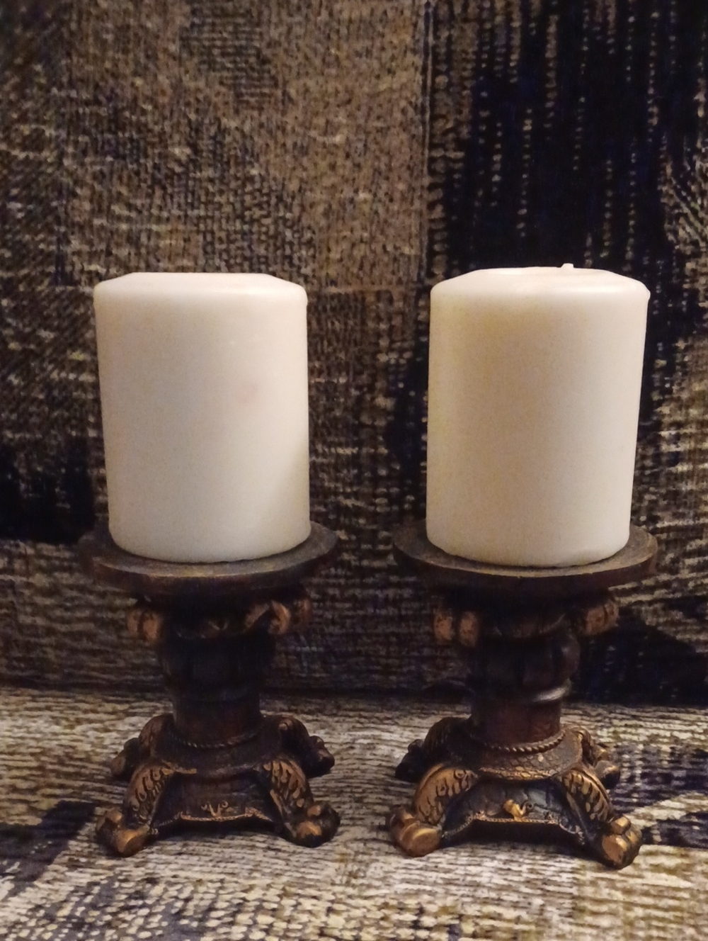 4/$40 Classic White Pillar Candle Set with Ornate Bronze-Tone Holders